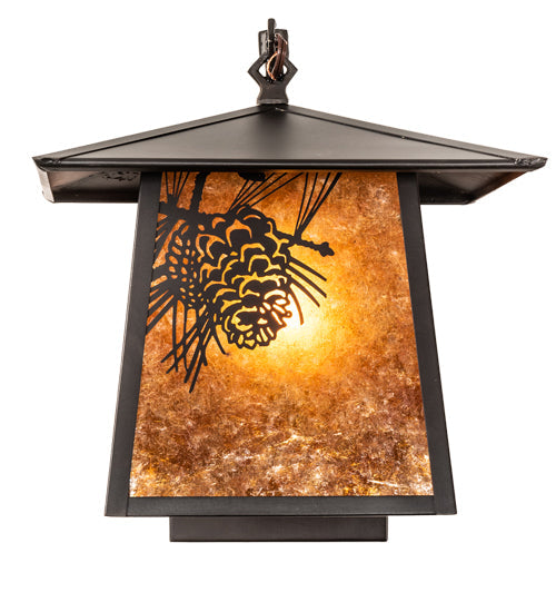 Meyda Lighting Stillwater 12" Craftsman Brown Winter Pine Curved Arm Wall Sconce With Amber Mica Shade Glass