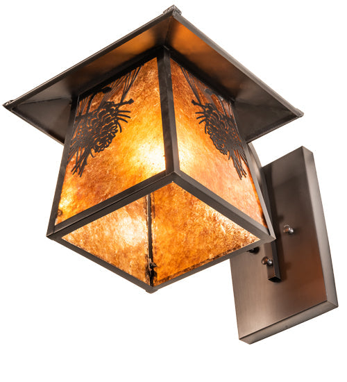 Meyda Lighting Stillwater 12" Craftsman Brown Winter Pine Curved Arm Wall Sconce With Amber Mica Shade Glass