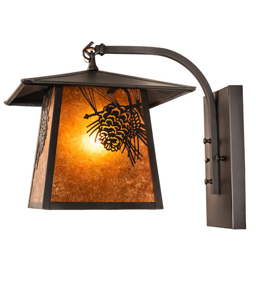 Meyda Lighting Stillwater 12" Craftsman Brown Winter Pine Curved Arm Wall Sconce With Amber Mica Shade Glass