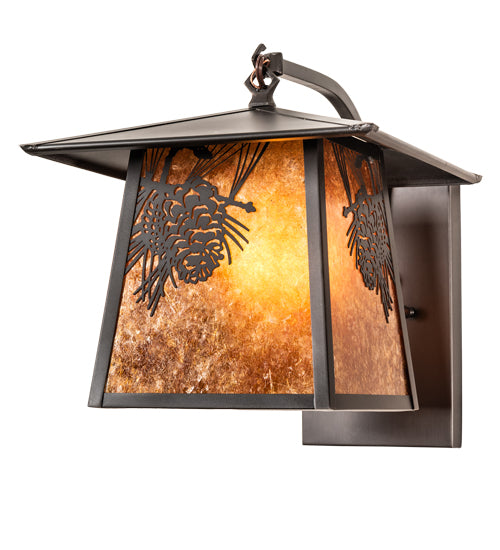 Meyda Lighting Stillwater 12" Craftsman Brown Winter Pine Curved Arm Wall Sconce With Amber Mica Shade Glass