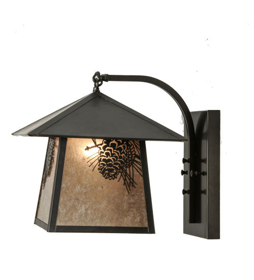 Meyda Lighting Stillwater 12" Craftsman Brown Winter Pine Curved Arm Wall Sconce With Silver Mica Shade Glass