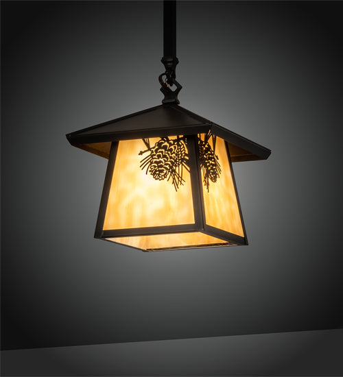 Meyda Lighting Stillwater 12" Craftsman Brown Winter Pine Pendant Light With Beige Shade Glass