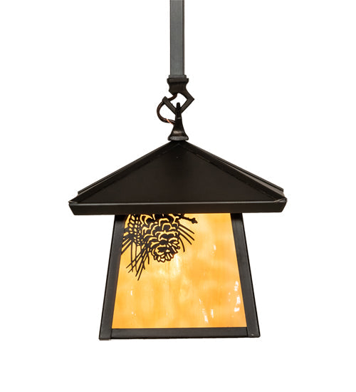 Meyda Lighting Stillwater 12" Craftsman Brown Winter Pine Pendant Light With Beige Shade Glass