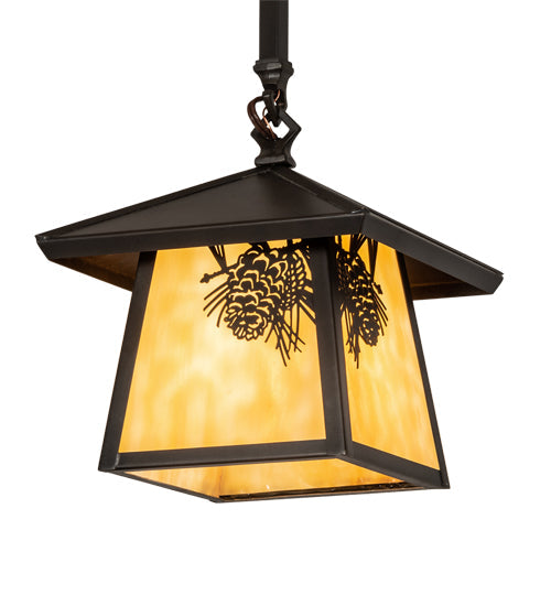Meyda Lighting Stillwater 12" Craftsman Brown Winter Pine Pendant Light With Beige Shade Glass