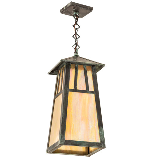 Meyda Lighting Stillwater 12" Craftsman Verdigris Double Bar Mission Pendant Light With Beige Iridescent Shade Glass