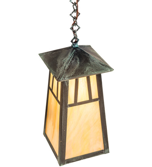 Meyda Lighting Stillwater 12" Craftsman Verdigris Double Bar Mission Pendant Light With Beige Iridescent Shade Glass