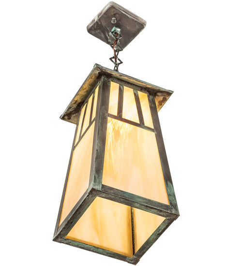 Meyda Lighting Stillwater 12" Craftsman Verdigris Double Bar Mission Pendant Light With Beige Iridescent Shade Glass