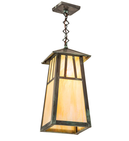 Meyda Lighting Stillwater 12" Craftsman Verdigris Double Bar Mission Pendant Light With Beige Iridescent Shade Glass