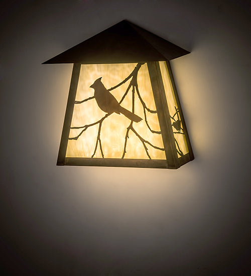 Meyda Lighting Stillwater 12" LED Vintage Copper Song Bird Wall Sconce With Beige Shade Glass