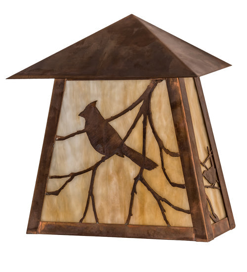 Meyda Lighting Stillwater 12" LED Vintage Copper Song Bird Wall Sconce With Beige Shade Glass