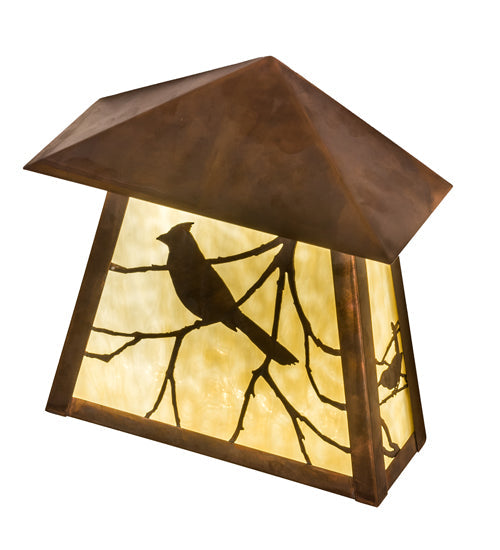 Meyda Lighting Stillwater 12" LED Vintage Copper Song Bird Wall Sconce With Beige Shade Glass