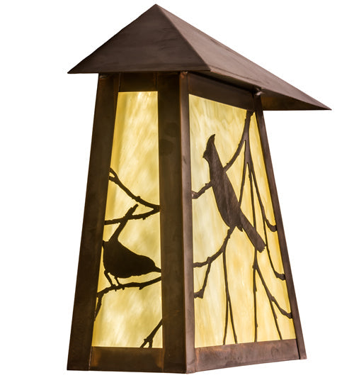 Meyda Lighting Stillwater 12" LED Vintage Copper Song Bird Wall Sconce With Beige Shade Glass
