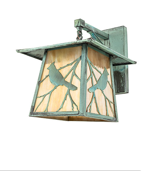 Meyda Lighting Stillwater 12" Verdegris Song Bird Straight Arm Wall Sconce With Beige Iridescent Shade Glass