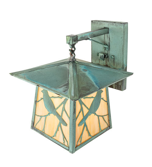 Meyda Lighting Stillwater 12" Verdegris Song Bird Straight Arm Wall Sconce With Beige Iridescent Shade Glass