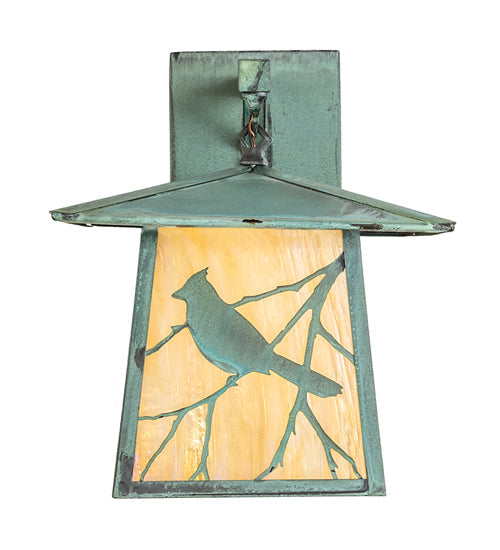 Meyda Lighting Stillwater 12" Verdegris Song Bird Straight Arm Wall Sconce With Beige Iridescent Shade Glass