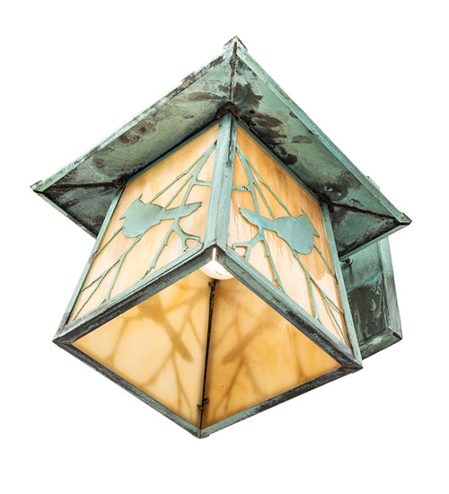 Meyda Lighting Stillwater 12" Verdegris Song Bird Straight Arm Wall Sconce With Beige Iridescent Shade Glass