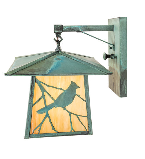 Meyda Lighting Stillwater 12" Verdegris Song Bird Straight Arm Wall Sconce With Beige Iridescent Shade Glass