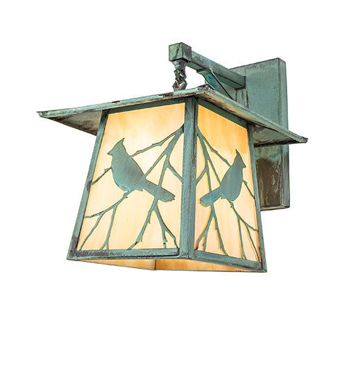 Meyda Lighting Stillwater 12" Verdegris Song Bird Straight Arm Wall Sconce With Beige Iridescent Shade Glass