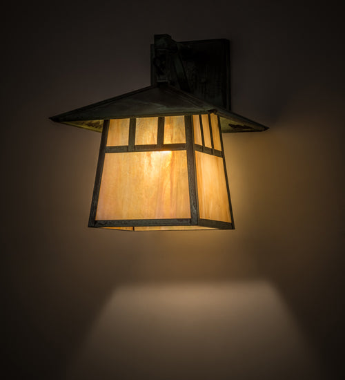 Meyda Lighting Stillwater 12" Verdigris Double Bar Mission Hanging Wall Sconce With Beige Iridescent Shade Glass