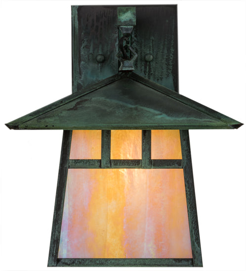Meyda Lighting Stillwater 12" Verdigris Double Bar Mission Hanging Wall Sconce With Beige Iridescent Shade Glass