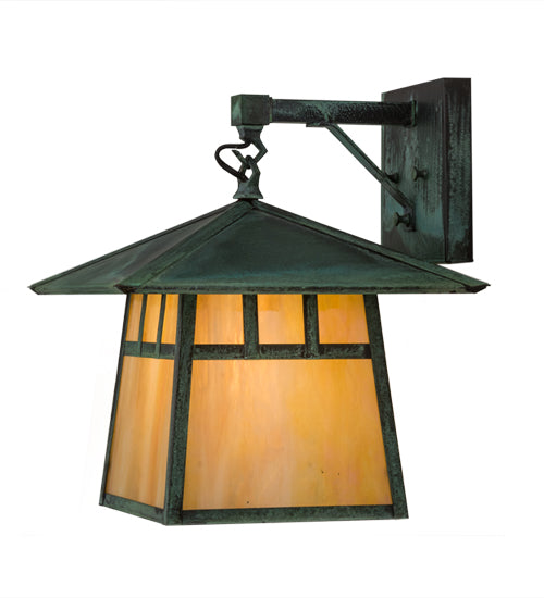 Meyda Lighting Stillwater 12" Verdigris Double Bar Mission Hanging Wall Sconce With Beige Iridescent Shade Glass