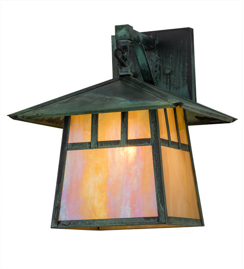 Meyda Lighting Stillwater 12" Verdigris Double Bar Mission Hanging Wall Sconce With Beige Iridescent Shade Glass