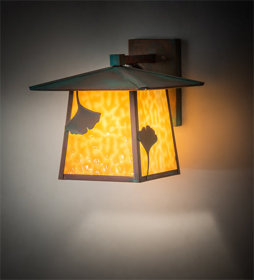 Meyda Lighting Stillwater 12" Verdigris Ginkgo Straight Arm Wall Sconce With Beige Art Shade Glass