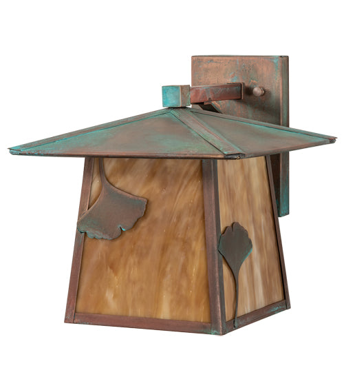 Meyda Lighting Stillwater 12" Verdigris Ginkgo Straight Arm Wall Sconce With Beige Art Shade Glass