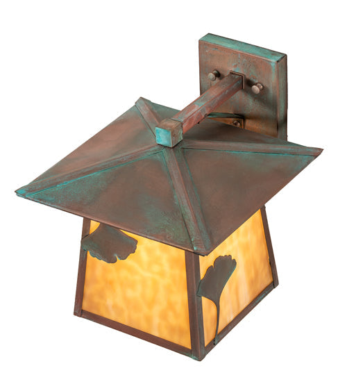 Meyda Lighting Stillwater 12" Verdigris Ginkgo Straight Arm Wall Sconce With Beige Art Shade Glass