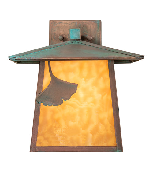 Meyda Lighting Stillwater 12" Verdigris Ginkgo Straight Arm Wall Sconce With Beige Art Shade Glass