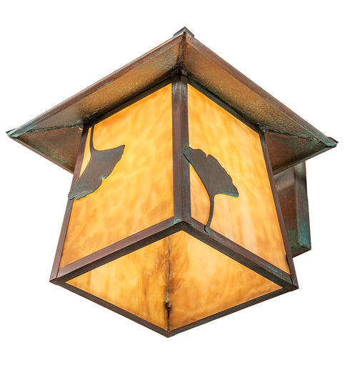 Meyda Lighting Stillwater 12" Verdigris Ginkgo Straight Arm Wall Sconce With Beige Art Shade Glass