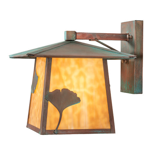 Meyda Lighting Stillwater 12" Verdigris Ginkgo Straight Arm Wall Sconce With Beige Art Shade Glass