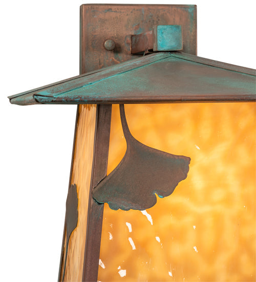 Meyda Lighting Stillwater 12" Verdigris Ginkgo Straight Arm Wall Sconce With Beige Art Shade Glass