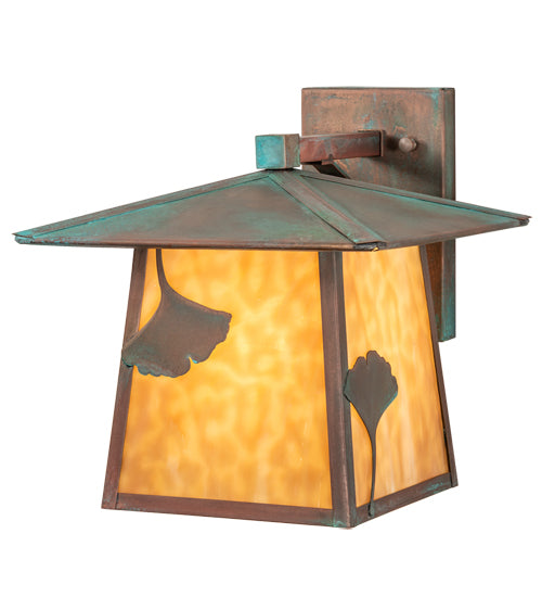 Meyda Lighting Stillwater 12" Verdigris Ginkgo Straight Arm Wall Sconce With Beige Art Shade Glass