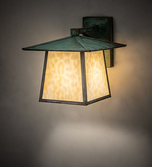 Meyda Lighting Stillwater 12" Verdigris Straight Arm Wall Sconce With Beige Art Shade Glass