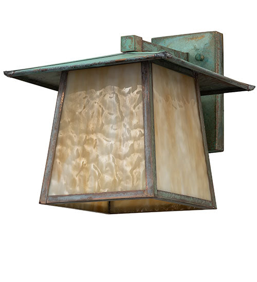 Meyda Lighting Stillwater 12" Verdigris Straight Arm Wall Sconce With Beige Art Shade Glass