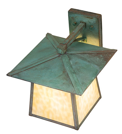 Meyda Lighting Stillwater 12" Verdigris Straight Arm Wall Sconce With Beige Art Shade Glass