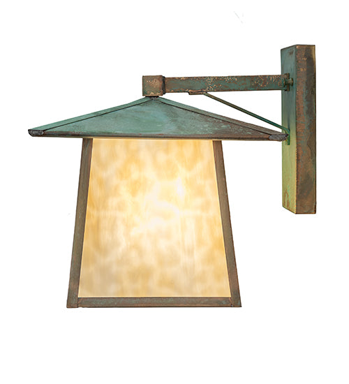 Meyda Lighting Stillwater 12" Verdigris Straight Arm Wall Sconce With Beige Art Shade Glass