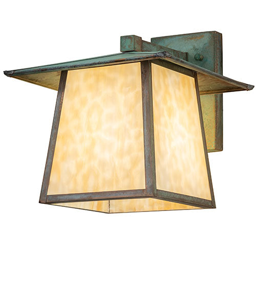 Meyda Lighting Stillwater 12" Verdigris Straight Arm Wall Sconce With Beige Art Shade Glass