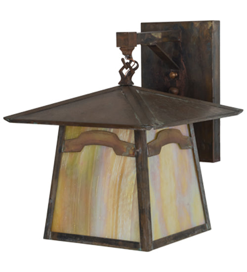 Meyda Lighting Stillwater 12" Vintage Copper Mountain View Hanging Wall Sconce With Beige Art Shade Glass