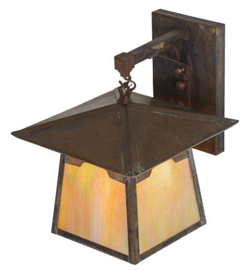 Meyda Lighting Stillwater 12" Vintage Copper Mountain View Hanging Wall Sconce With Beige Art Shade Glass