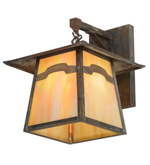 Meyda Lighting Stillwater 12" Vintage Copper Mountain View Hanging Wall Sconce With Beige Art Shade Glass