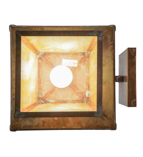 Meyda Lighting Stillwater 12" Vintage Copper Mountain View Hanging Wall Sconce With Beige Art Shade Glass