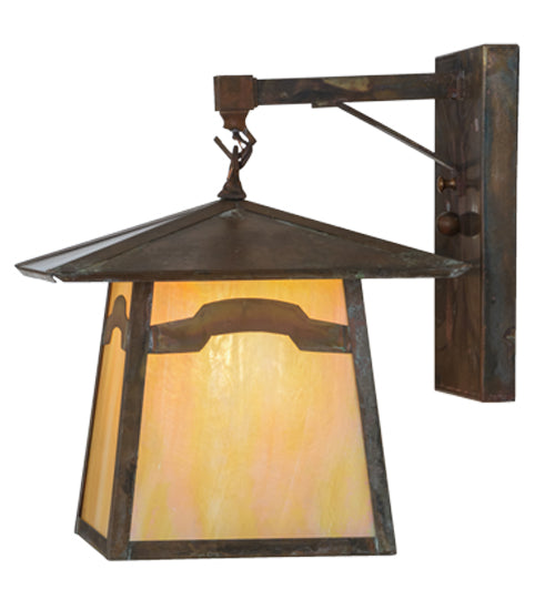 Meyda Lighting Stillwater 12" Vintage Copper Mountain View Hanging Wall Sconce With Beige Art Shade Glass