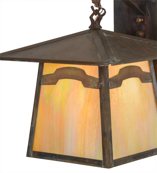 Meyda Lighting Stillwater 12" Vintage Copper Mountain View Hanging Wall Sconce With Beige Art Shade Glass