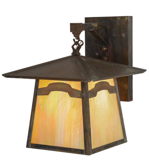 Meyda Lighting Stillwater 12" Vintage Copper Mountain View Hanging Wall Sconce With Beige Art Shade Glass