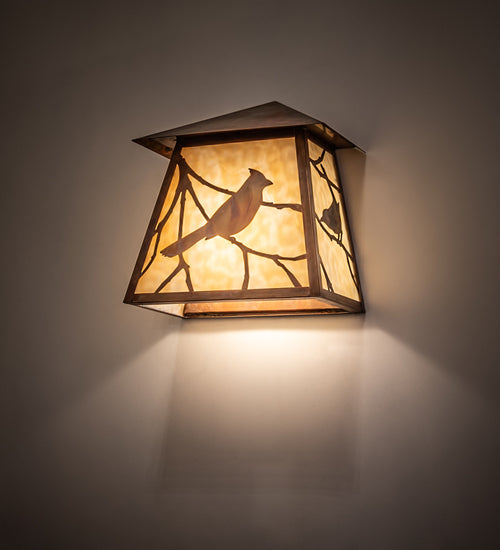 Meyda Lighting Stillwater 12" Vintage Copper Song Bird Wall Sconces With Beige Art Shade Glass