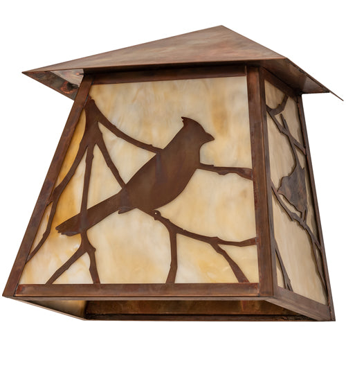 Meyda Lighting Stillwater 12" Vintage Copper Song Bird Wall Sconces With Beige Art Shade Glass