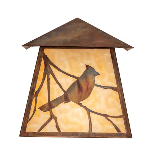 Meyda Lighting Stillwater 12" Vintage Copper Song Bird Wall Sconces With Beige Art Shade Glass