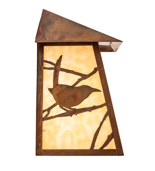 Meyda Lighting Stillwater 12" Vintage Copper Song Bird Wall Sconces With Beige Art Shade Glass